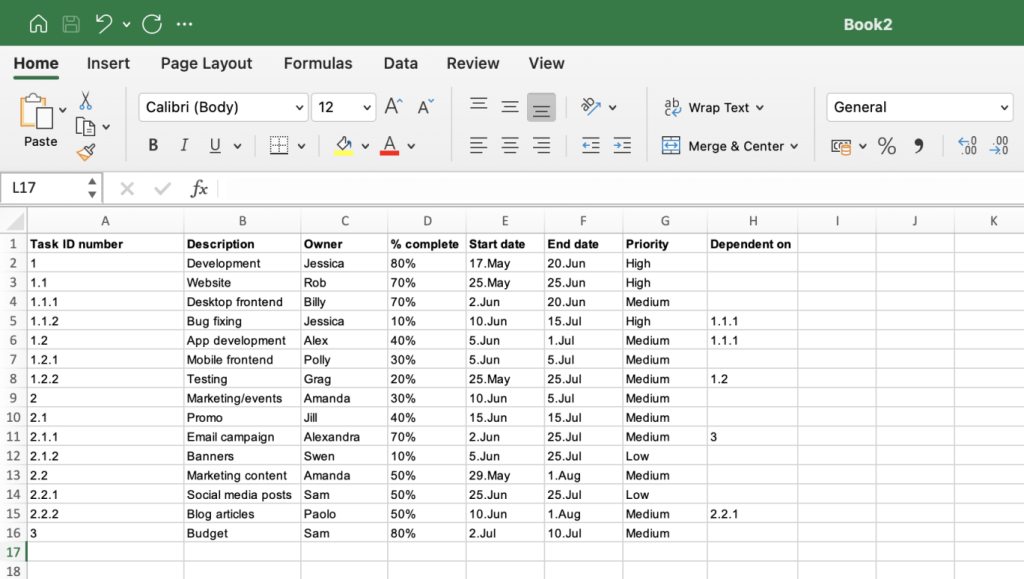 Filling the rest columns to make a tabular WBS in Excel