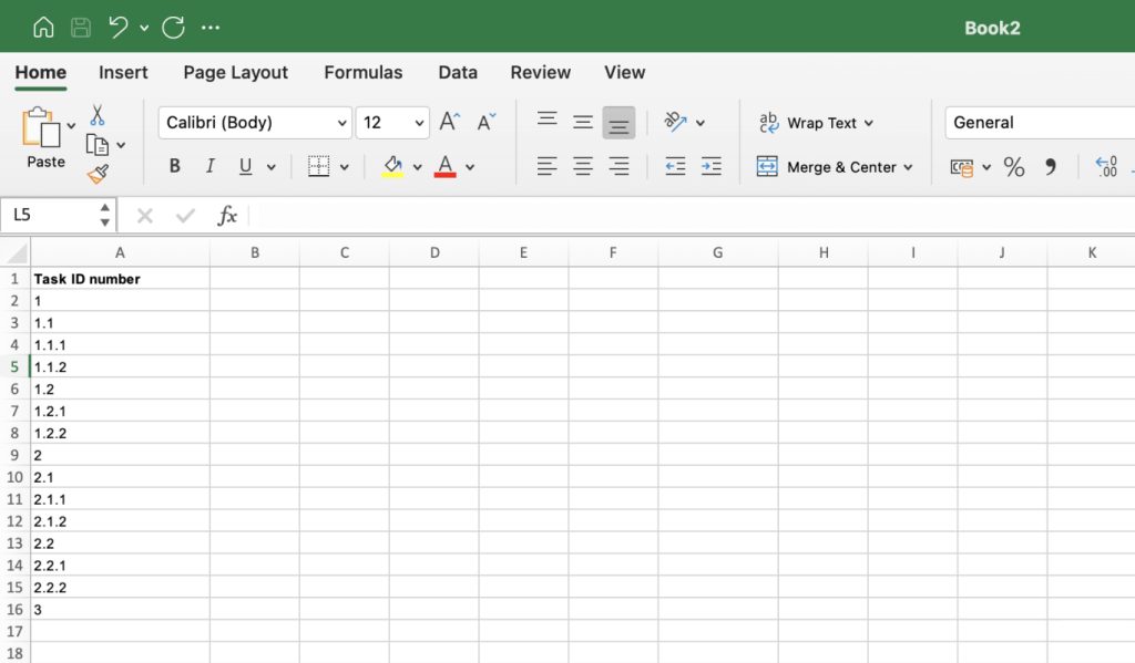 Creating a sheet and adding numbers to make a tabular WBS in Excel