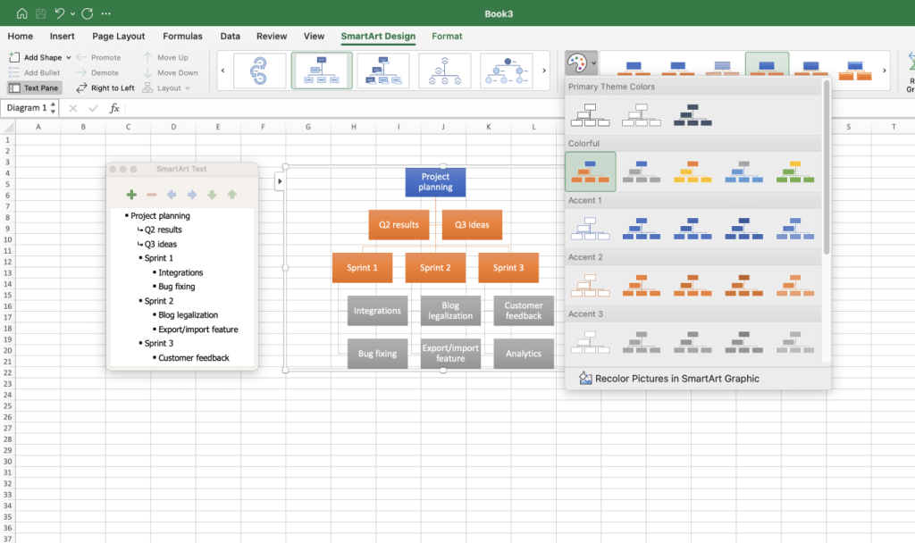 Defining color and shape for the boxes to make a WBS in Excel