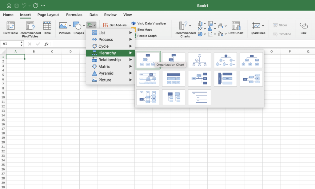 Selecting a shape in SmartArt Graphics to create a WBS in Excel