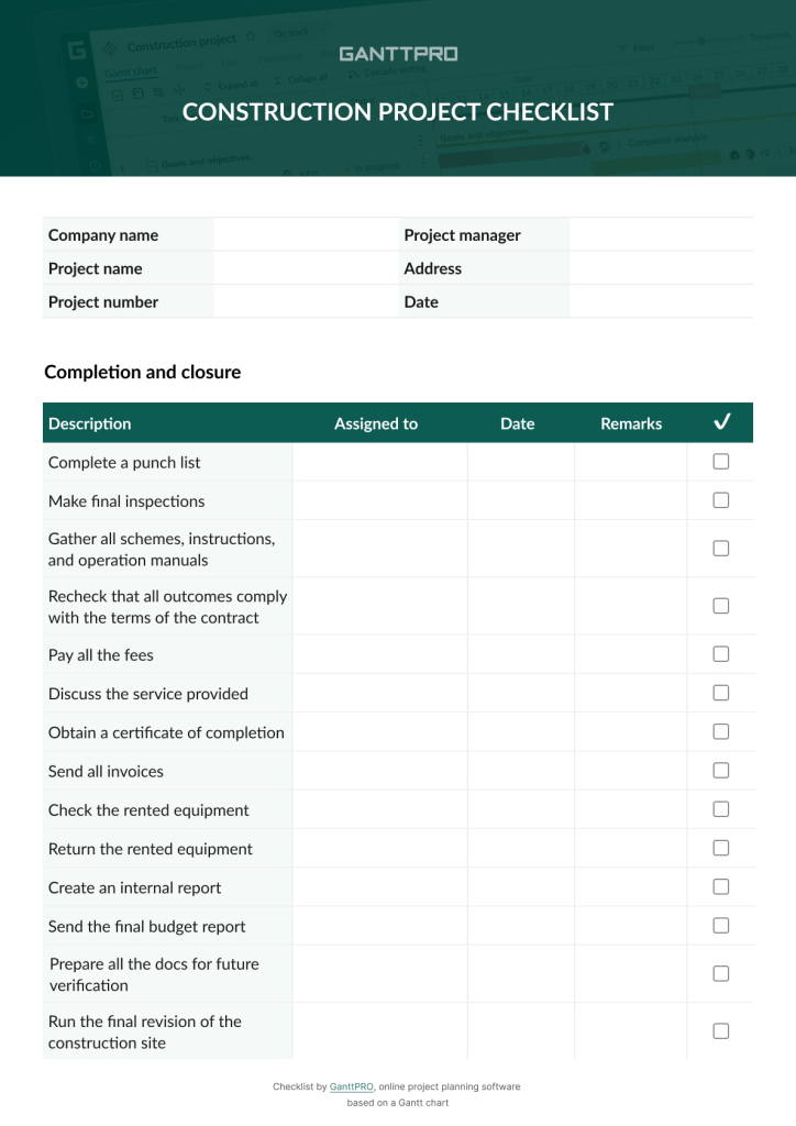 Construction project checklist: completion