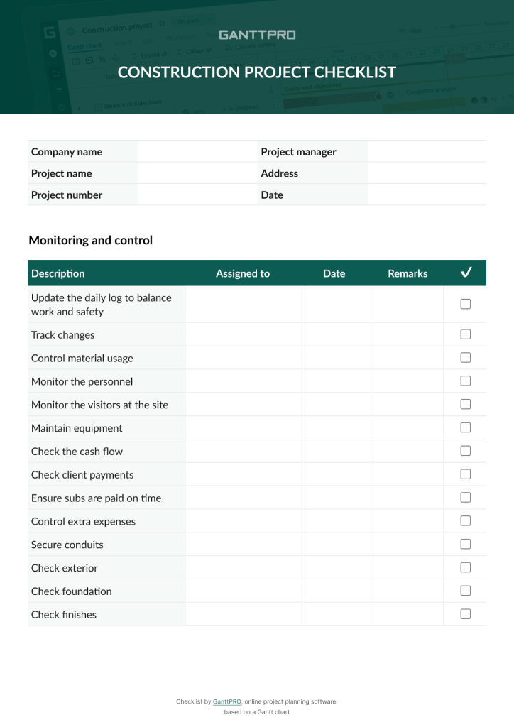 Construction project checklist: monitoring