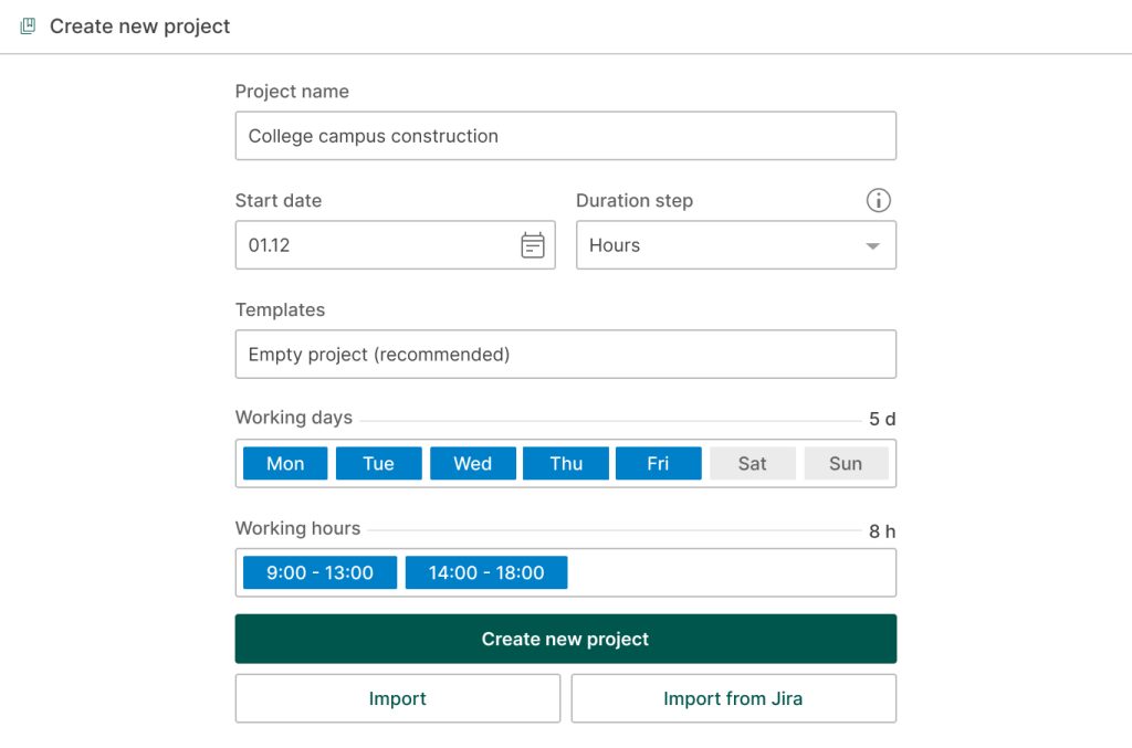 GanttPRO critical path construction example: project creation