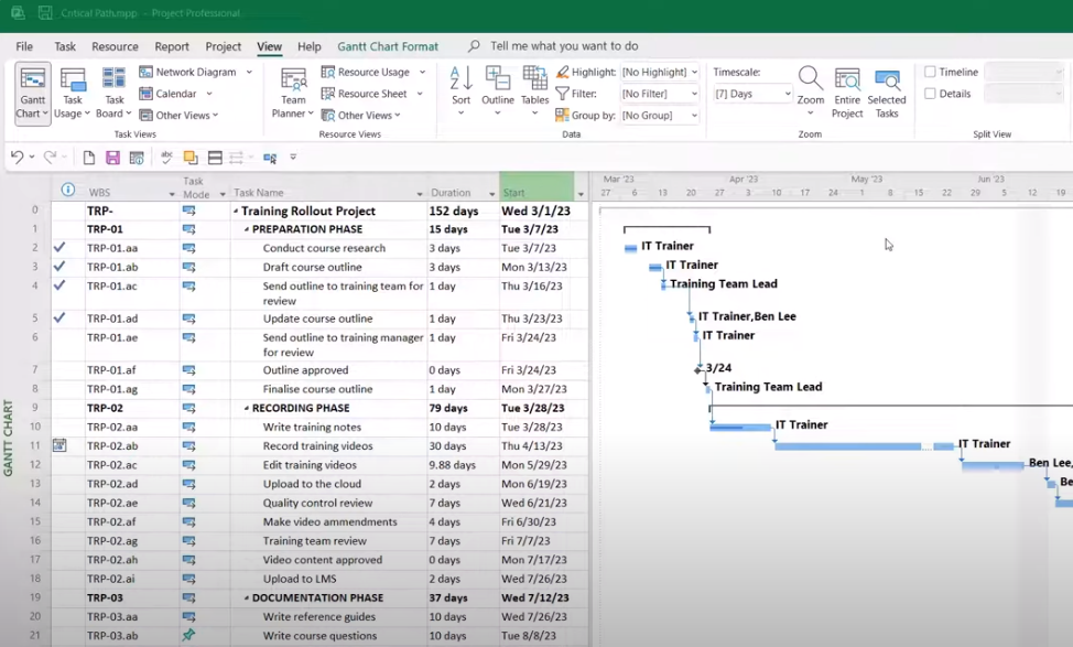 MS Project critical path planner: dependencies and milestones