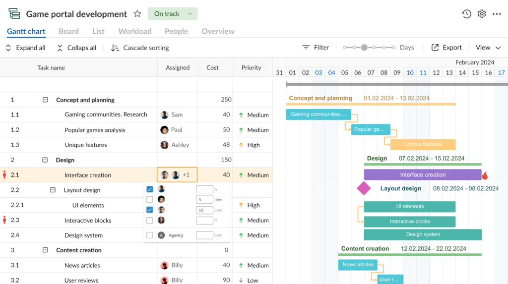 GanttPRO example of resource allocation in project management