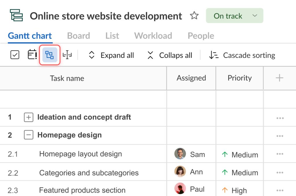 GanttPRO critical path planner: critical path functionality