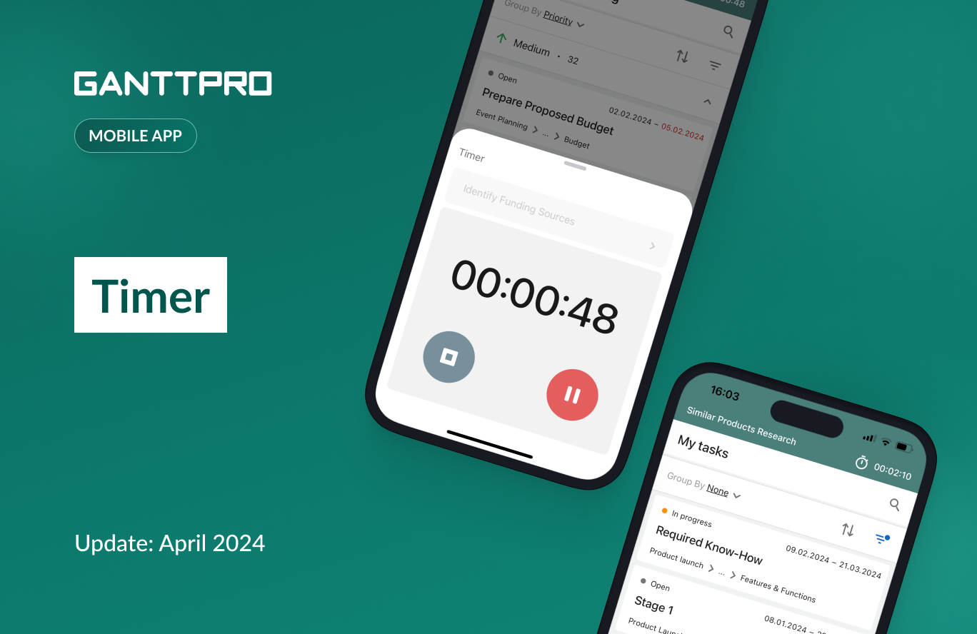 GanttPRO release: timer in mobile app