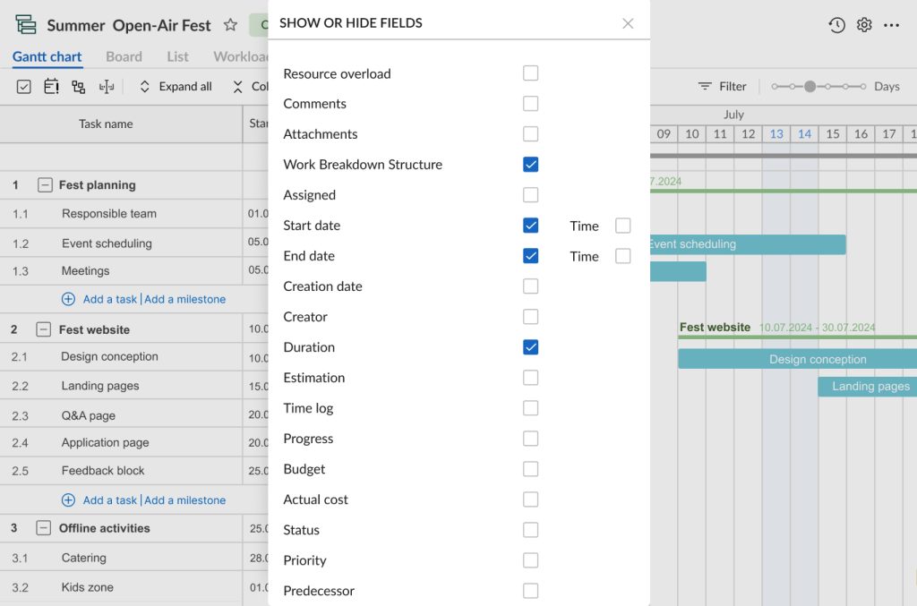 Steps to convert Excel to a Gantt chart: show or hide fields in GanttPRO