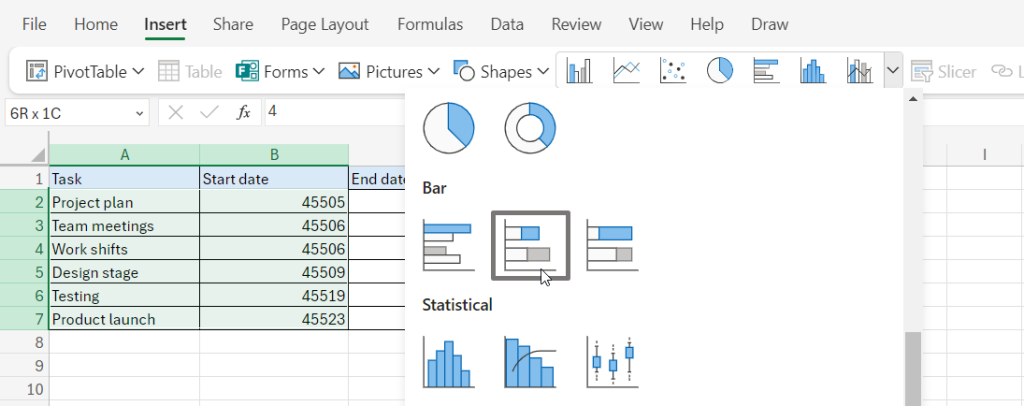 How to make a Gantt chart in Excel: choosing a Stacked bar