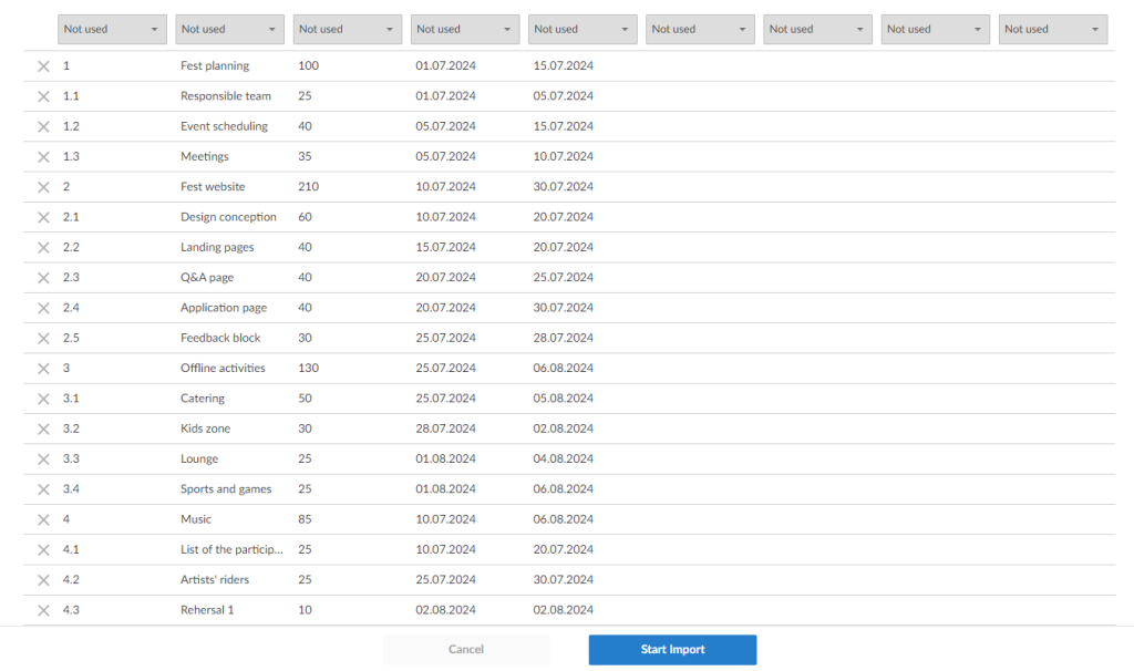 Intermediate version of data when moving Excel to GanttPRO