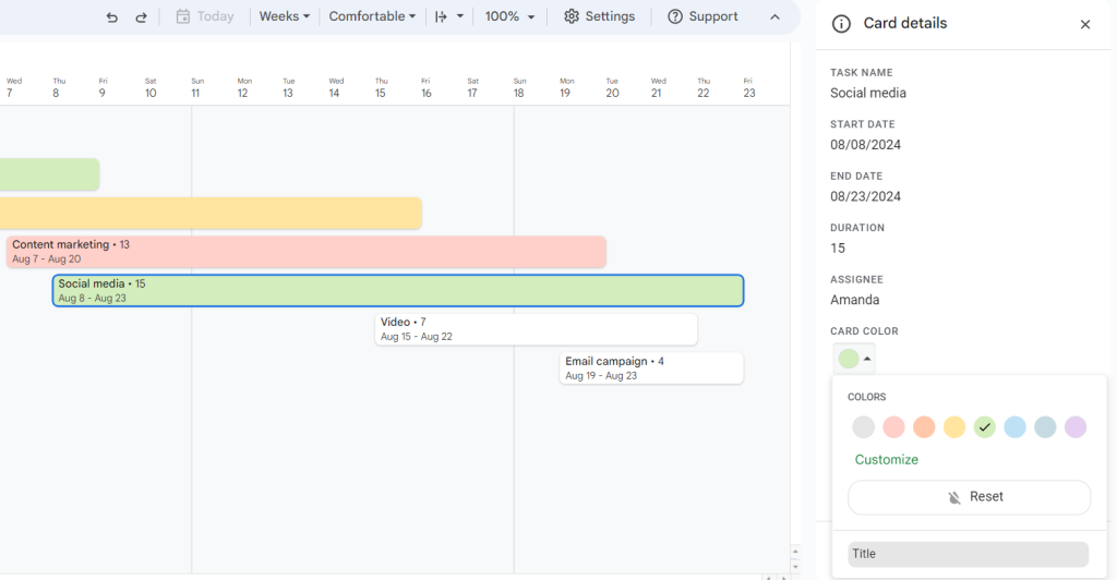 How to make a Gantt chart in Google Sheets using a timeline: changing task colors