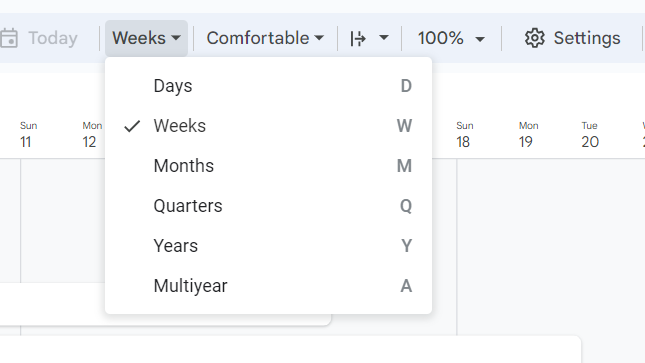 How to make a Gantt chart in Google Sheets using a timeline: changing the timeline view