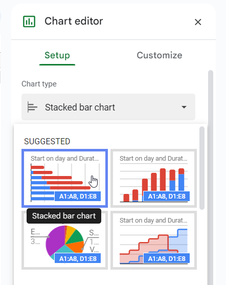 How to make a Gantt chart in Google Sheets using a stacked bar chart: choosing a stacked bar chart