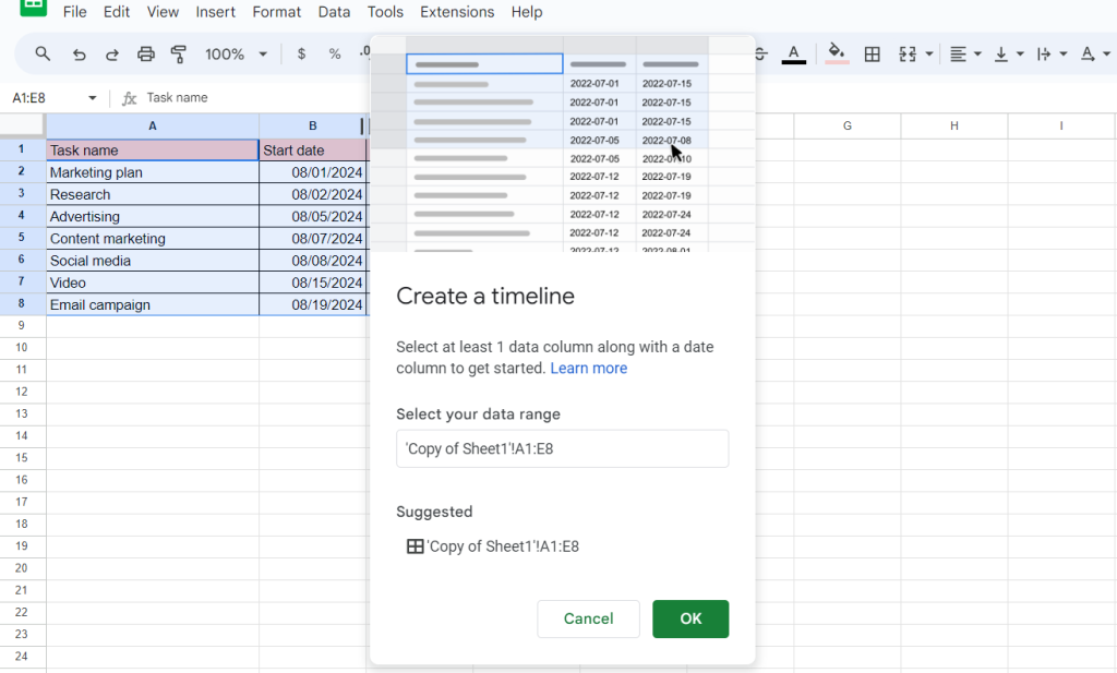 How to make a Gantt chart in Google Sheets using a timeline: entering required data