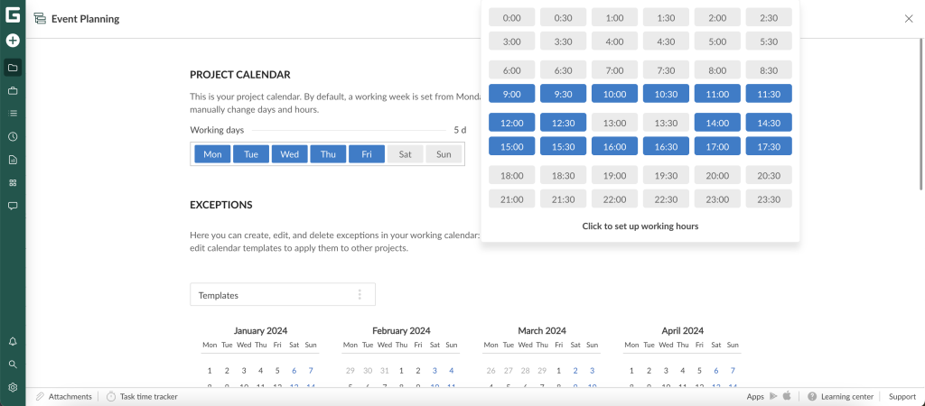 GanttPRO release: 30-minute intervals in project and resource calendars