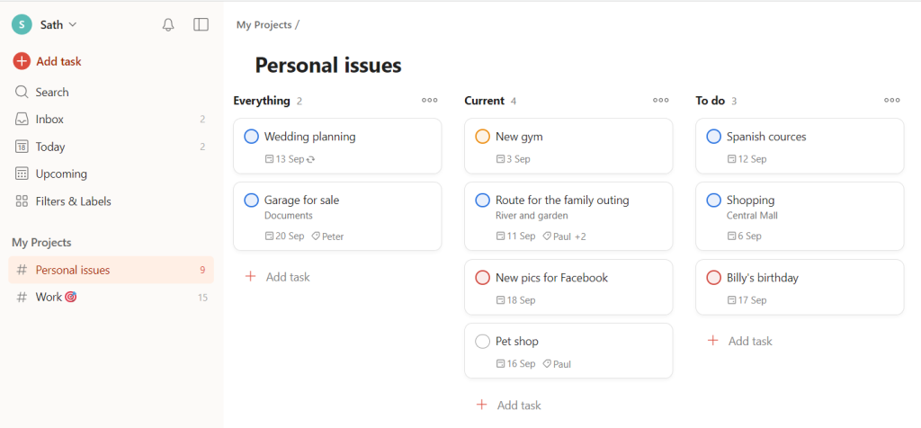 Smartsheet competitors: Todoist for personal use