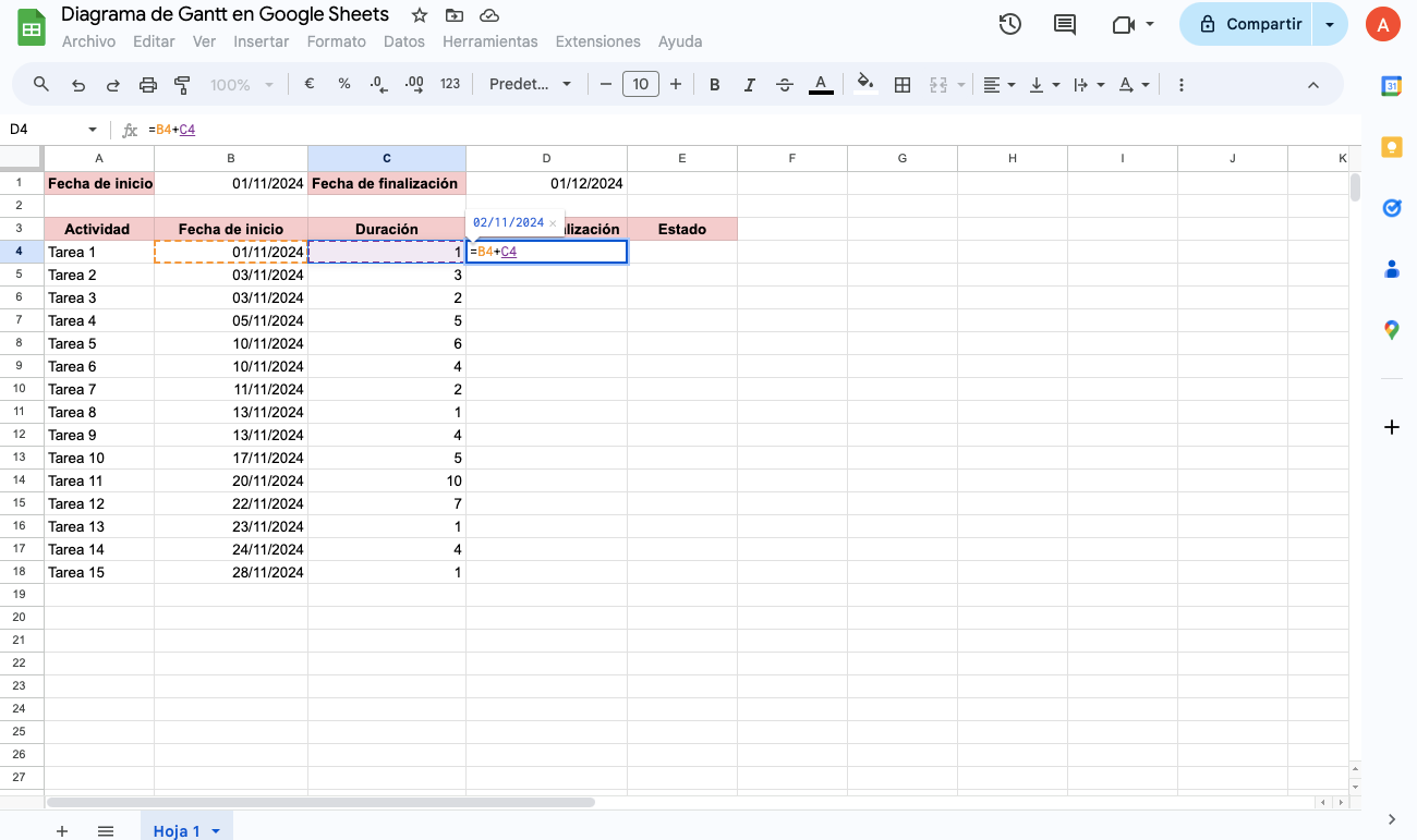 Diagrama de Gantt en Google Sheets - 1