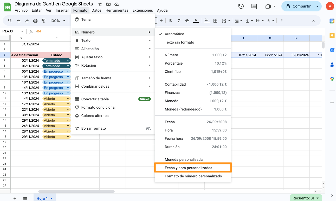 Diagrama de Gantt en Google Sheets - 10