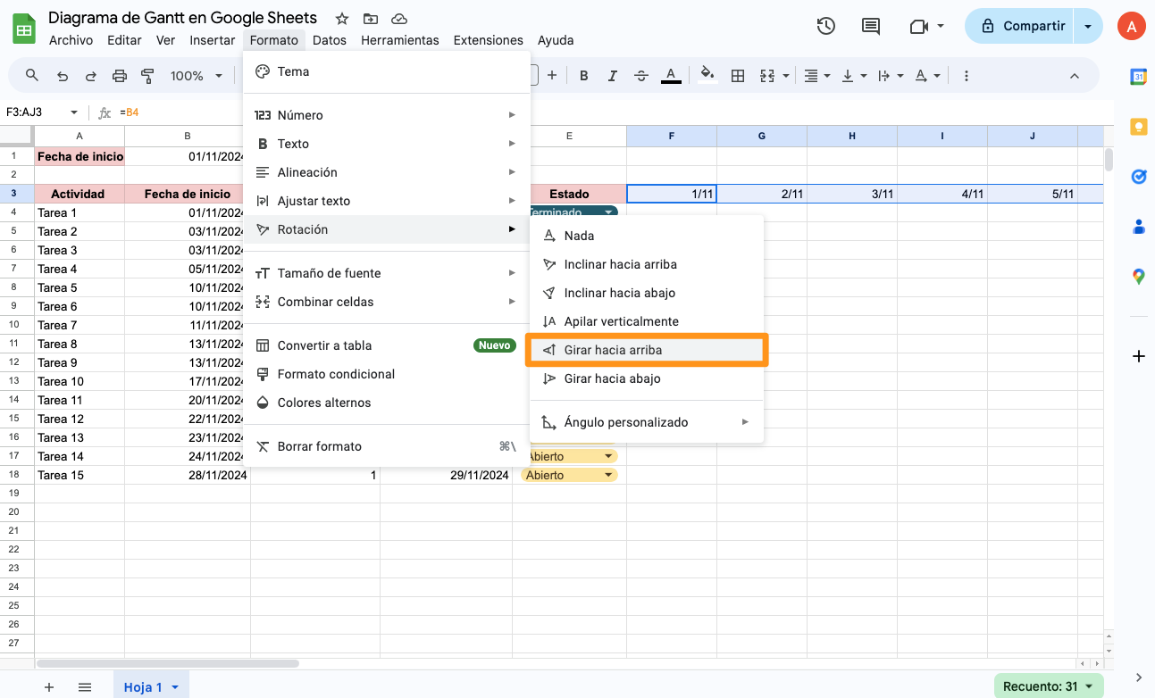 Diagrama de Gantt en Google Sheets - 11