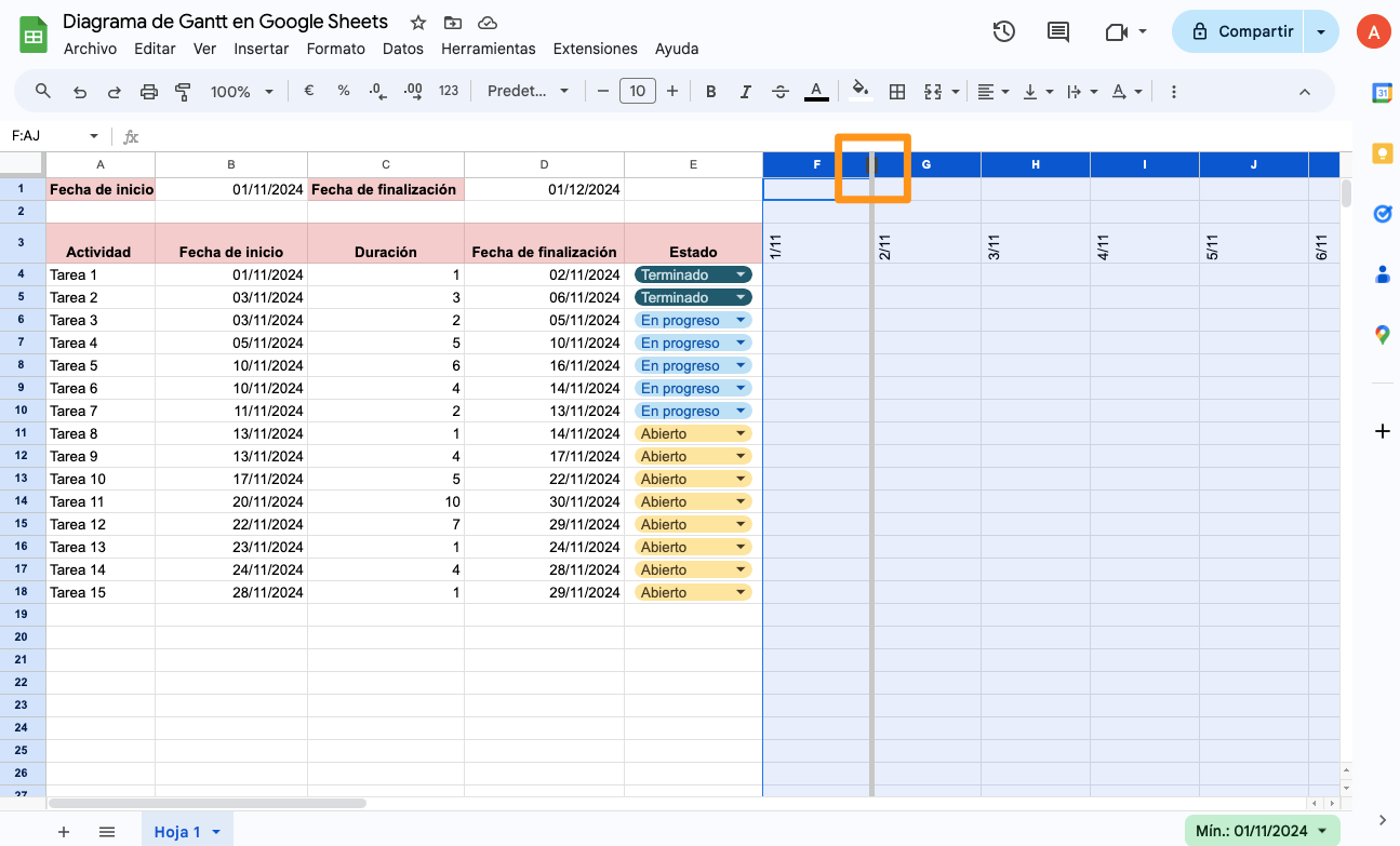 Diagrama de Gantt en Google Sheets - 12