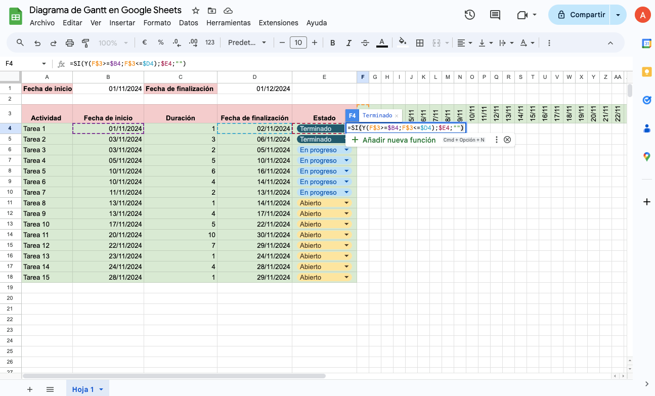 Diagrama de Gantt en Google Sheets - 13