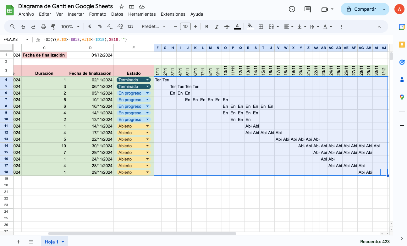 Diagrama de Gantt en Google Sheets - 14