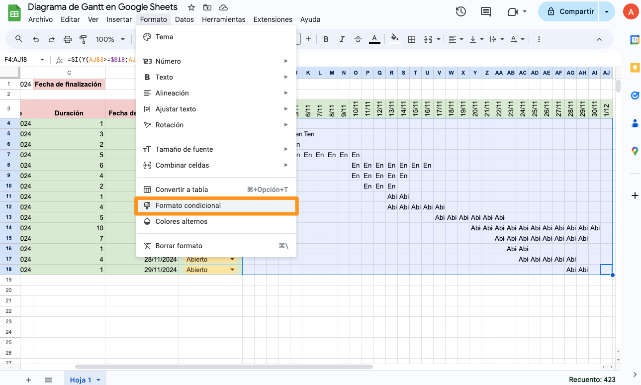 Diagrama de Gantt en Google Sheets - 15