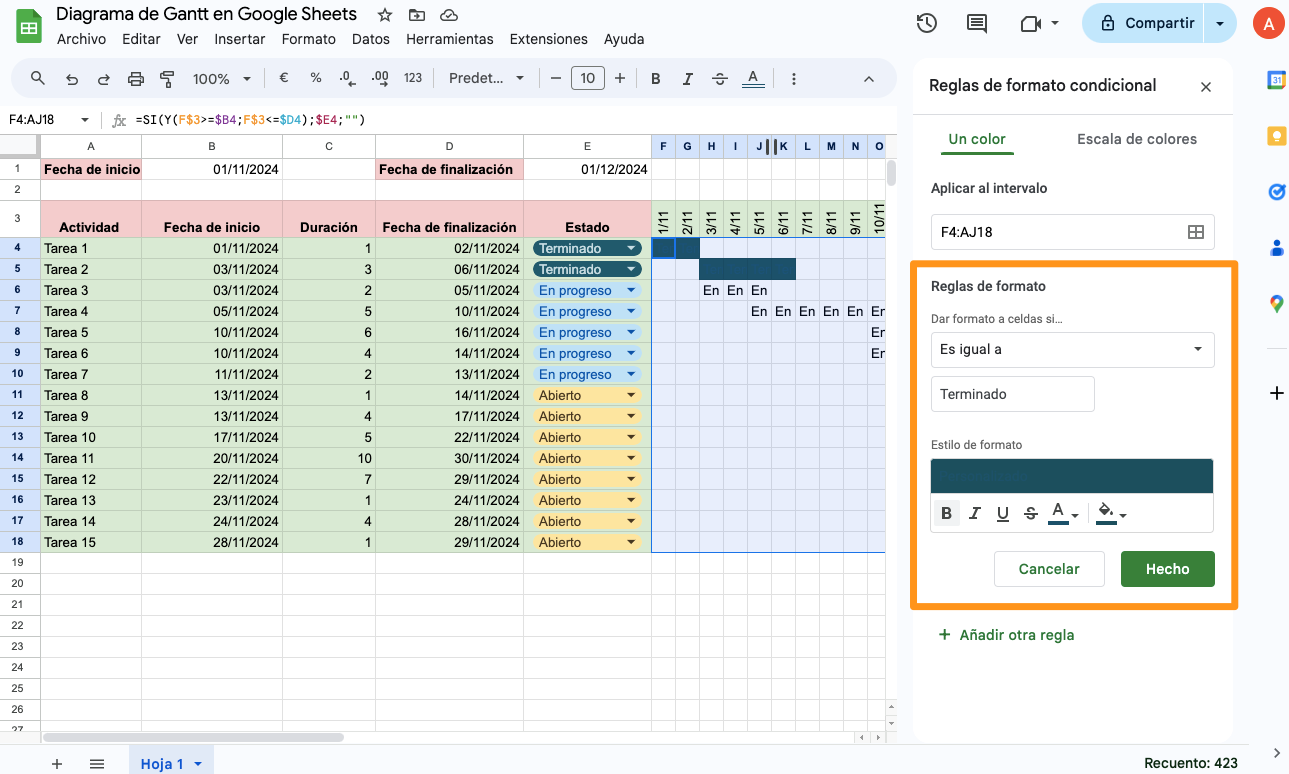 Diagrama de Gantt en Google Sheets - 16