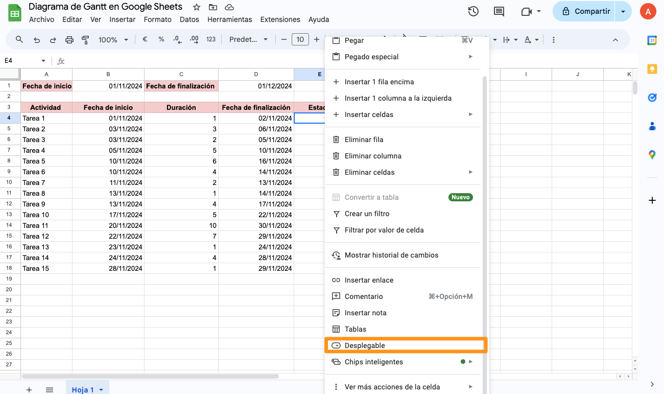 Diagrama de Gantt en Google Sheets - 2