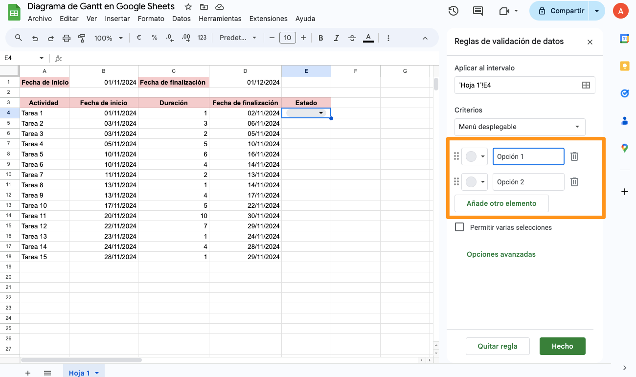 Diagrama de Gantt en Google Sheets - 3