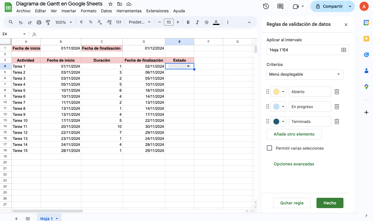 Diagrama de Gantt en Google Sheets - 4