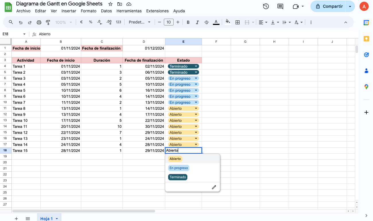 Diagrama de Gantt en Google Sheets - 5