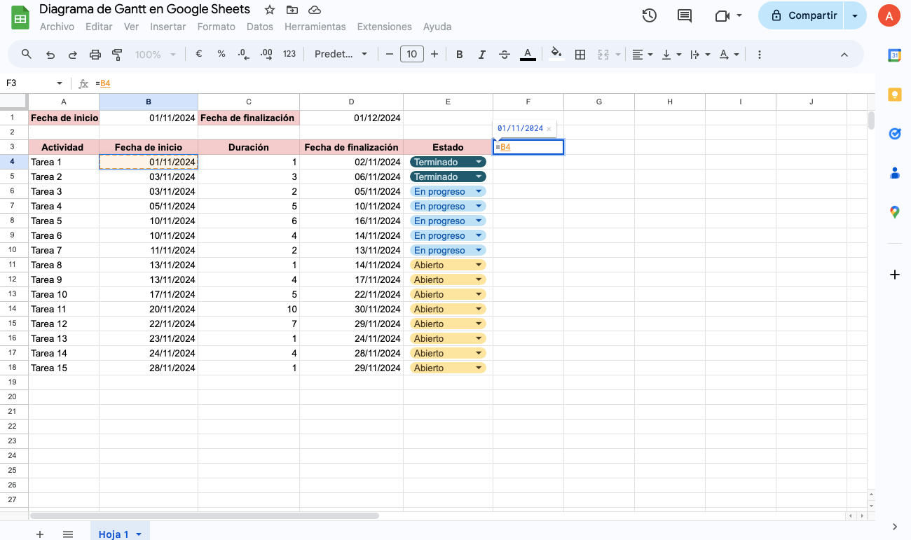 Diagrama de Gantt en Google Sheets - 6