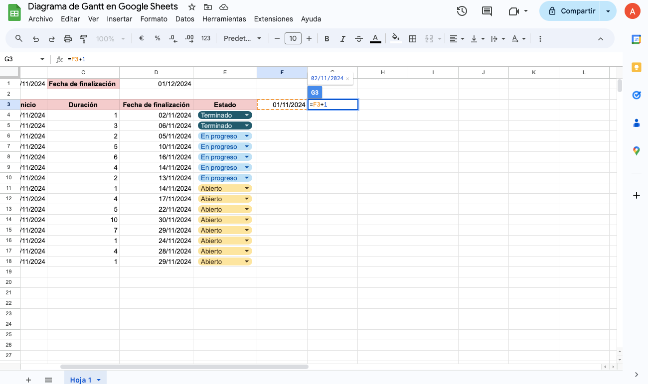 Diagrama de Gantt en Google Sheets - 7