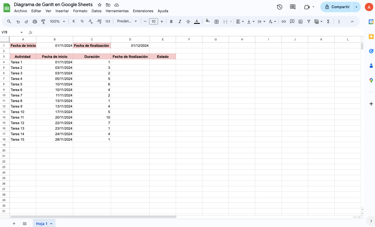 Diagrama de Gantt Google Sheets - 0