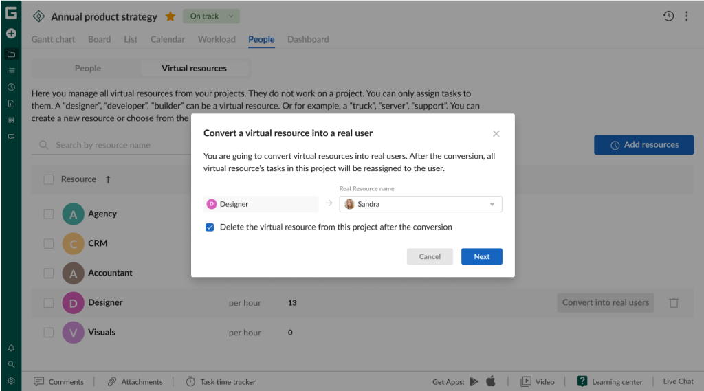 How to set up your project in GanttPRO: converting virtual resources