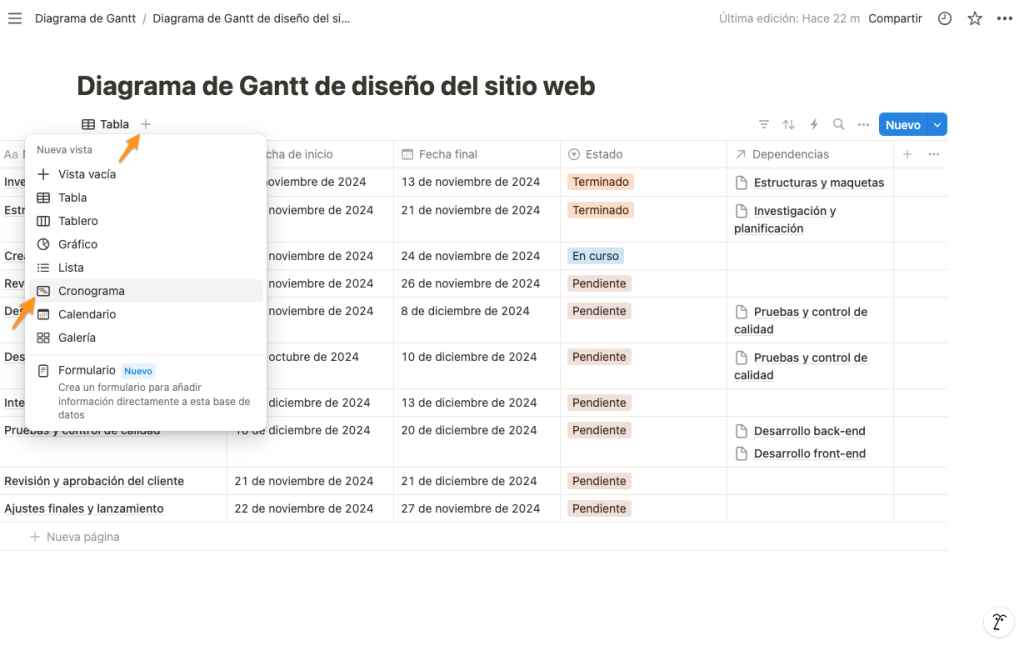 diagrama de gantt notion 5