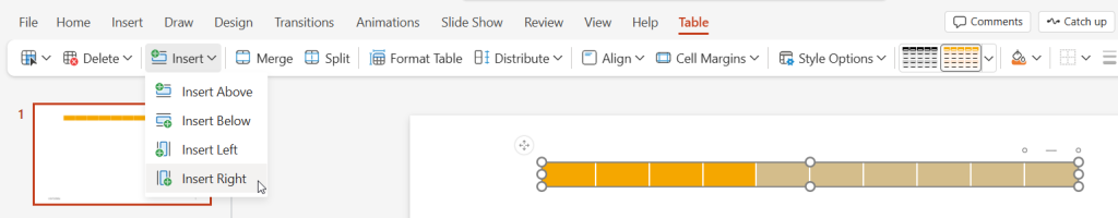 Adding rows and cells to the table to create a project timeline in PowerPoint