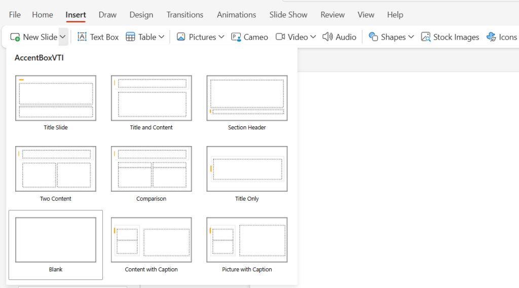 How to create a project timeline in PowerPoint with a table: choosing a blank