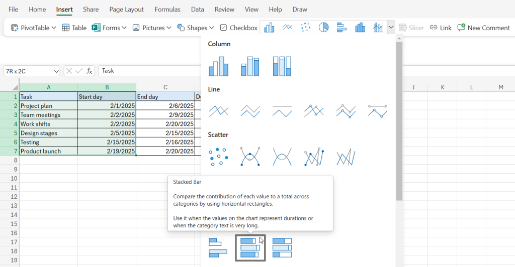 How to create a project timeline in Excel with a stacked bar chart: choosing a Stacked bar