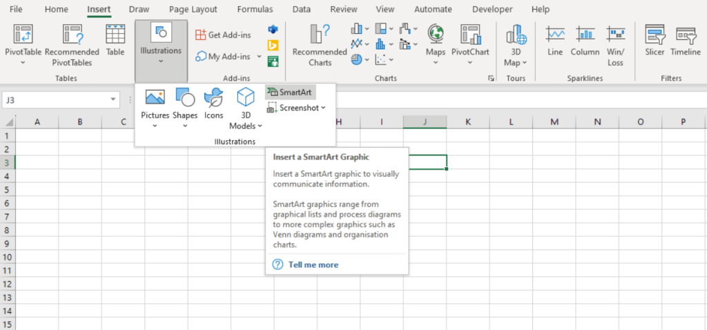 How to create a project timeline in Excel with SmartArt: choosing the SmartArt tool