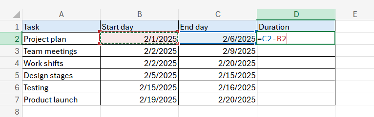 How to create a project timeline in Excel with a stacked bar chart: creating a formula