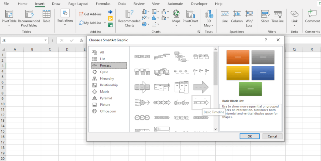 How to create a project timeline in Excel with SmartArt: selecting a layout