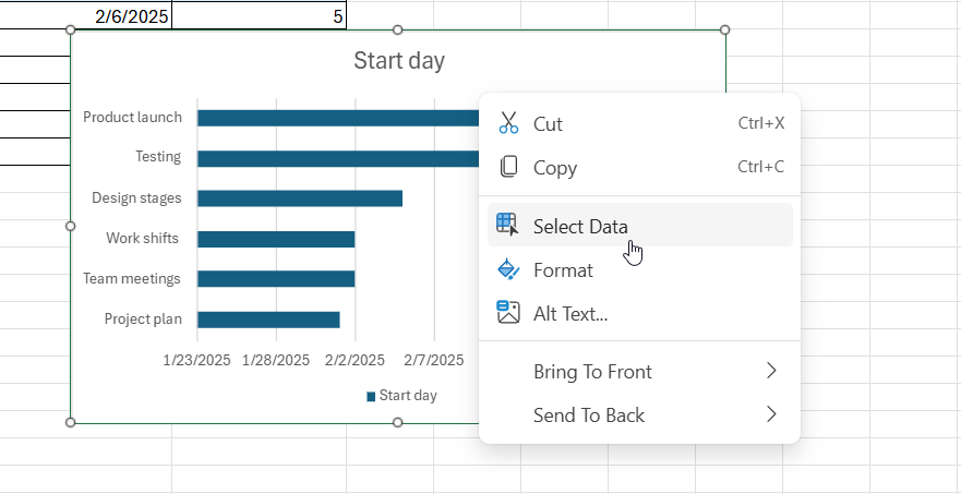 How to create a project timeline in Excel with a stacked bar chart: selecting data