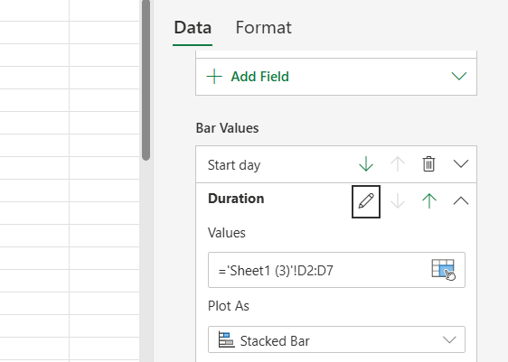 How to create a project timeline in Excel with a stacked bar chart: setting bar values