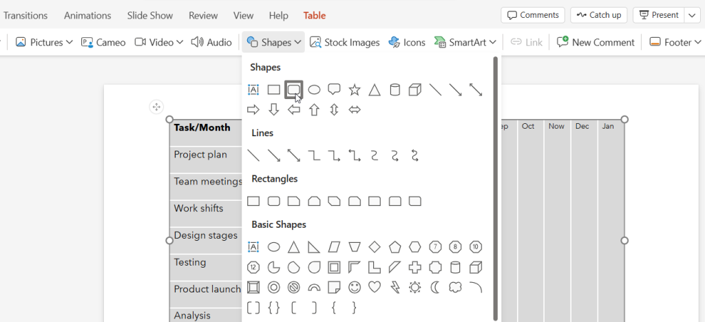 How to create a project timeline in PowerPoint with a table: shapes for adding bars