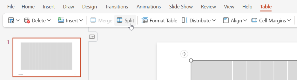 How to create a project timeline in PowerPoint with a table: splitting rows in the table