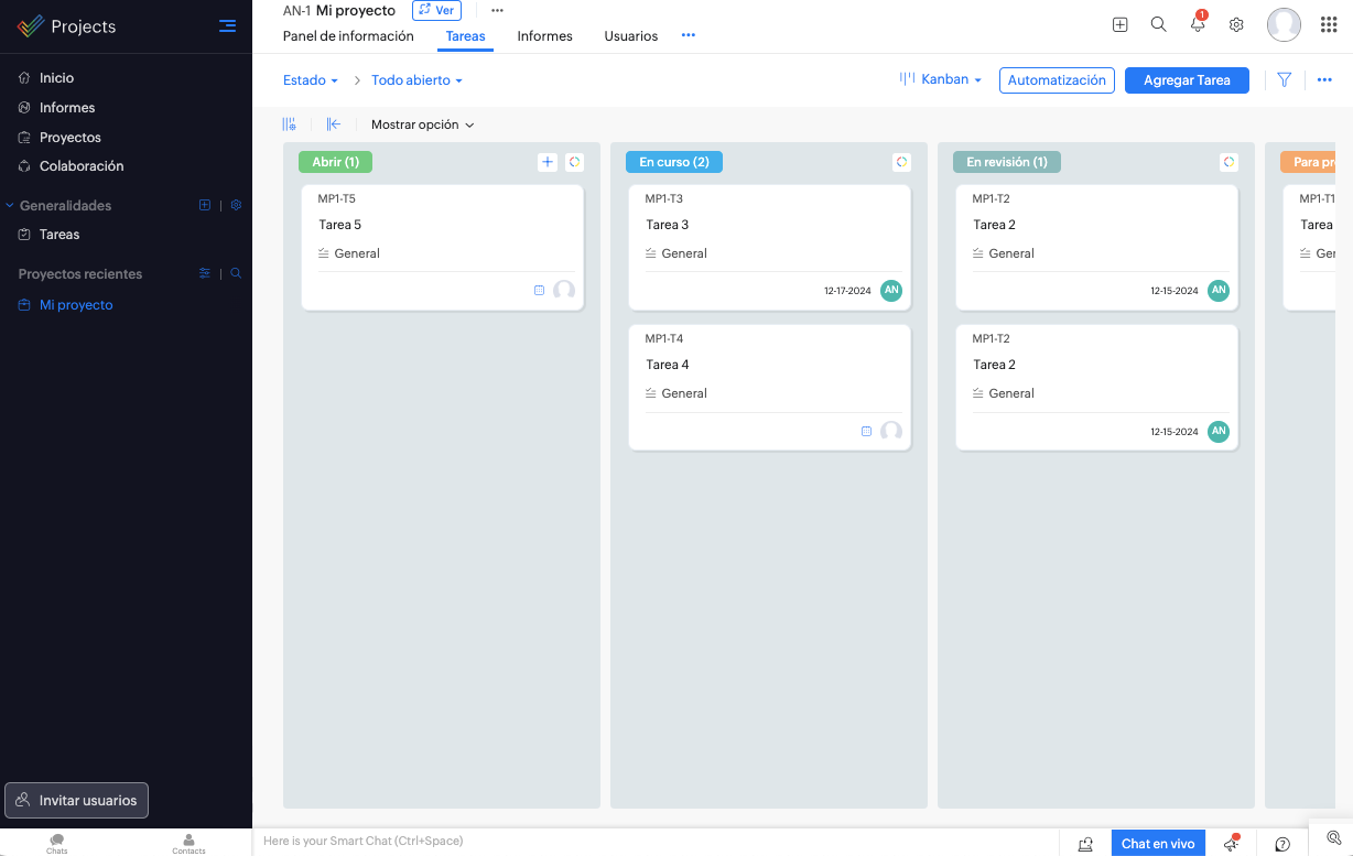 zoho projects caracteristicas - tablero Kanban