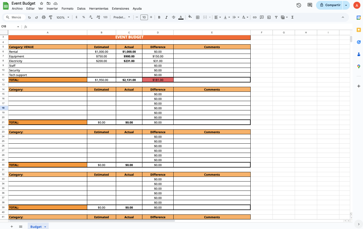 programa para un evento - google sheets