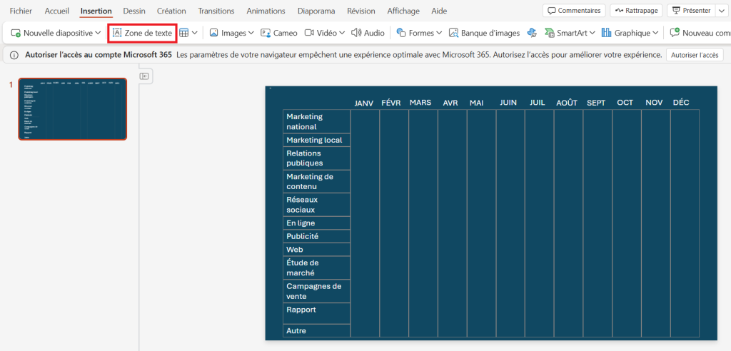 Diagramme de Gantt PowerPoint: ajout des mois au tableau